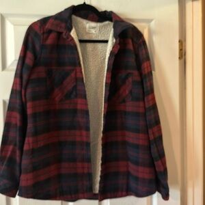Plaid fleece lined, button-down shirt, size, extra large, red, and blue